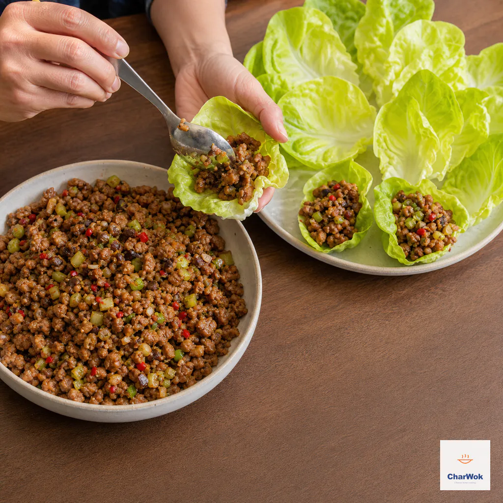 A spoon places dry glossy pork filling into a crisp upright butter-lettuce cup beside a bowl of filling and a platter of empty leaves