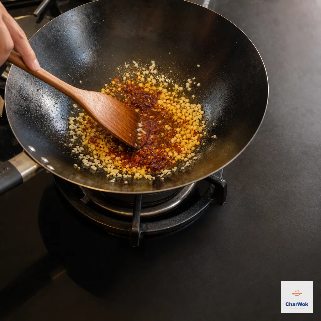 Pale minced garlic and ginger are stirred through doubanjiang as its red chili oil blooms into a thin oil film in a carbon-steel wok