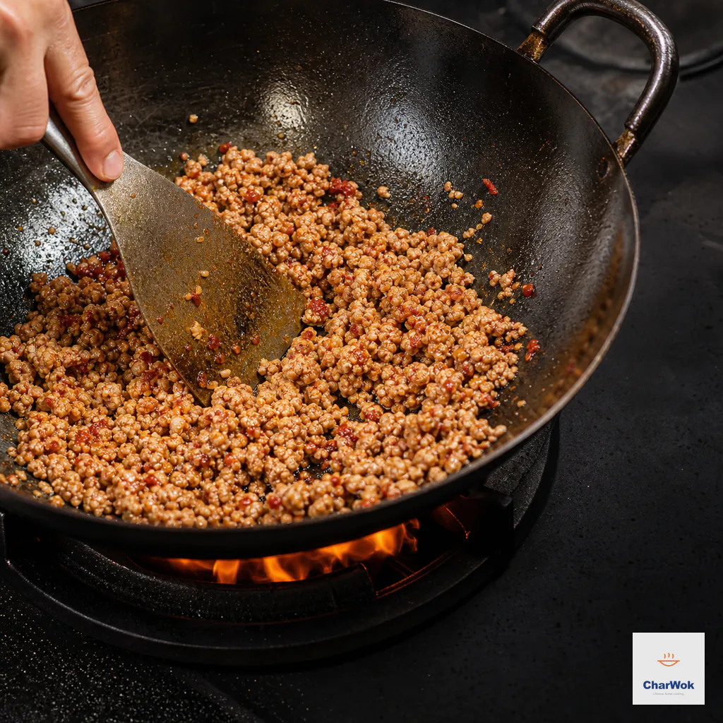 A flat wok spatula chops ground pork into many small separate crumbles with no pink meat or pooled liquid and a thin red sheen