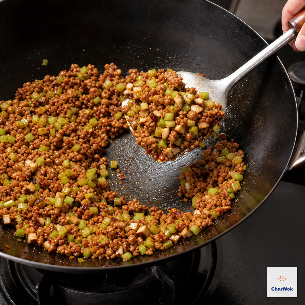 A spatula lifts dry-fried pork, diced shiitake and bright celery above a clean exposed wok surface with no pooled sauce