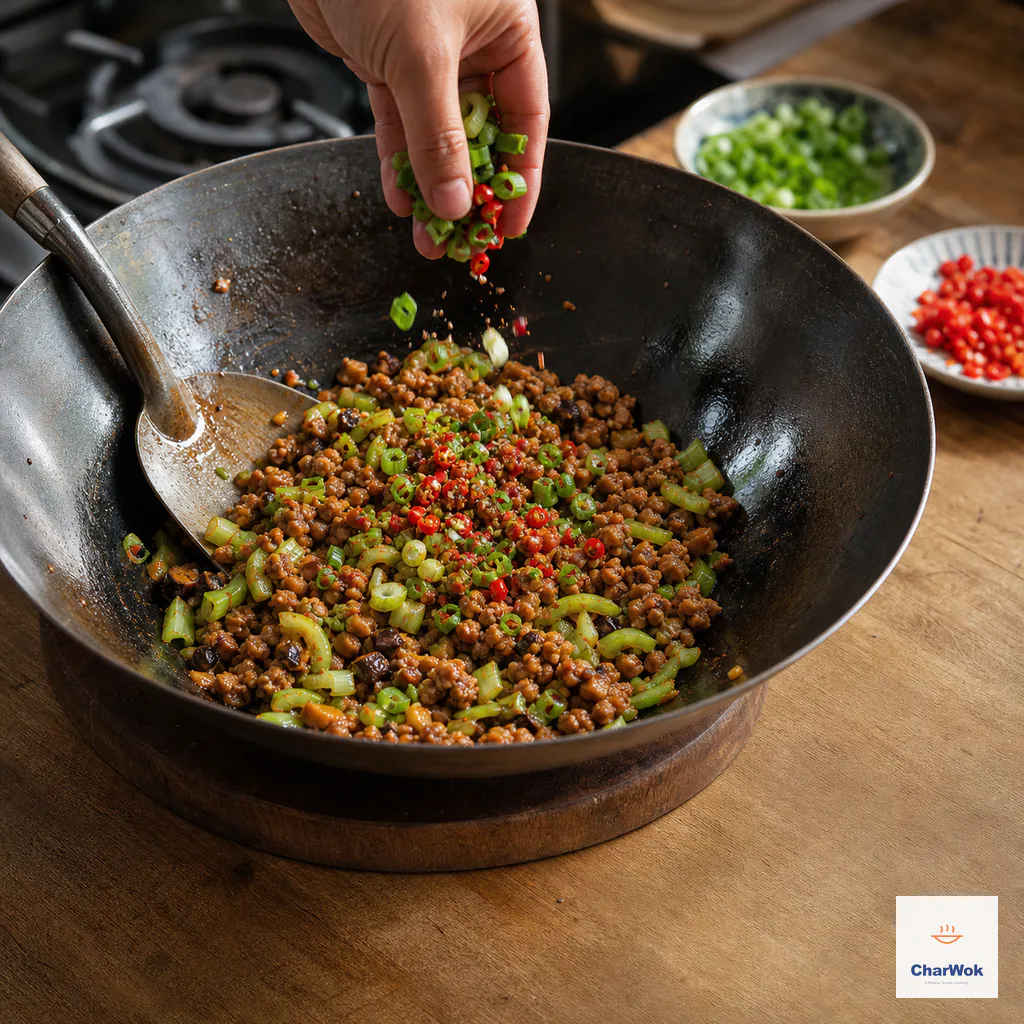 Fresh scallion rings, red chili and ground Sichuan pepper are sprinkled into the pork filling after the wok has moved onto a wooden trivet