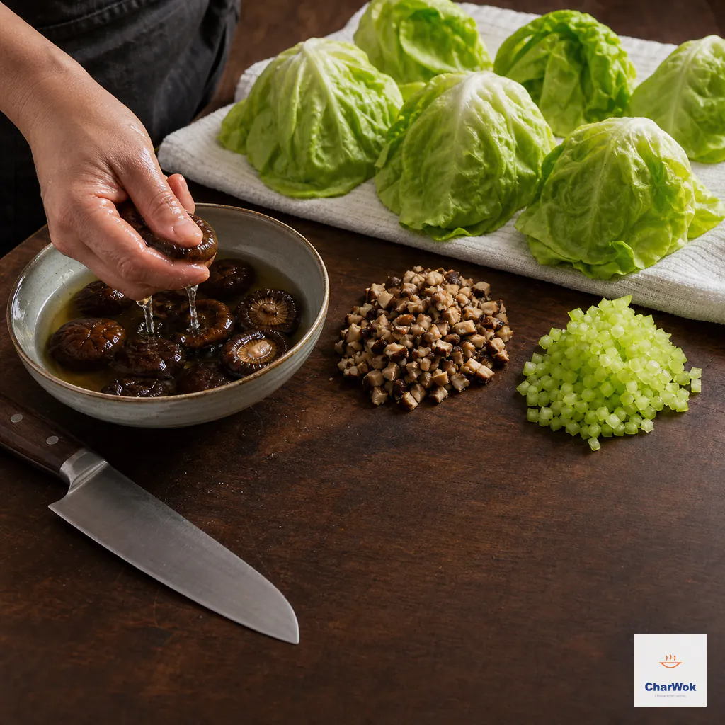 One fully softened shiitake is squeezed dry above its soaking bowl beside fine diced mushroom and celery and crisp lettuce leaves draining upside down