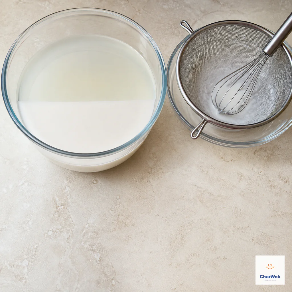 A clear bowl shows a transparent water layer above dense white settled wheat starch beside a fine sieve and batter whisk