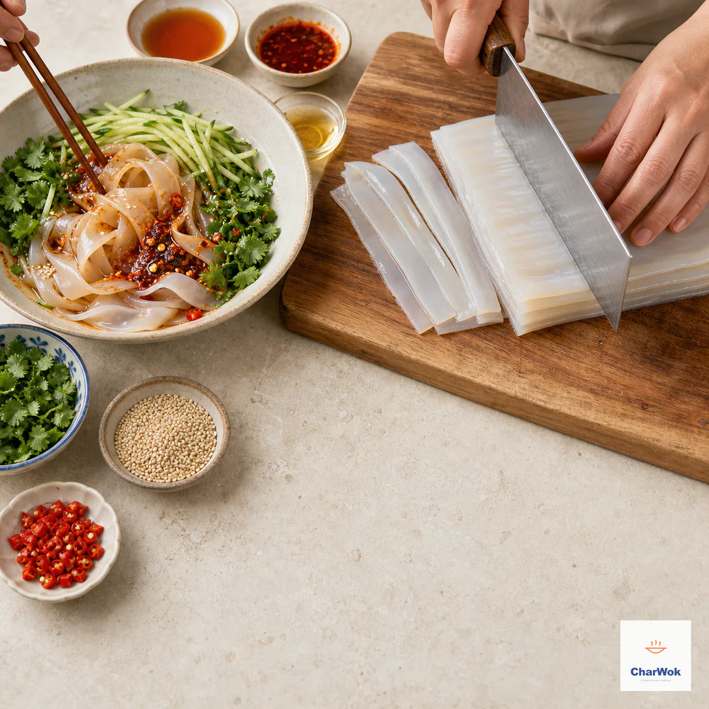 A cleaver slices stacked translucent Liang Pi sheets into broad ribbons beside a bowl being tossed with cucumber, cilantro, sesame and chili oils