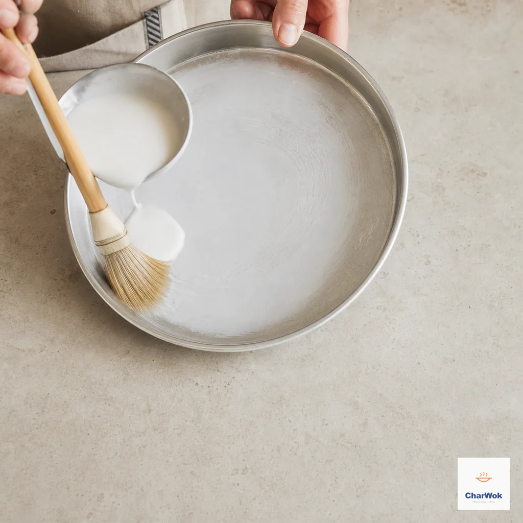 A shallow lightweight metal tray receives a thin sheen of neutral oil and an even two-to-three-millimetre layer of white batter
