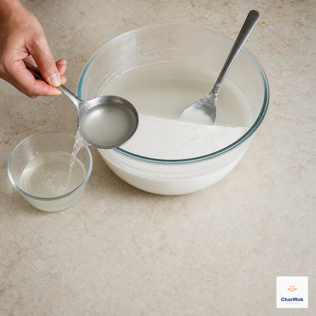 A ladle gently removes the clear top water from settled Liang Pi batter without disturbing the thick white starch below