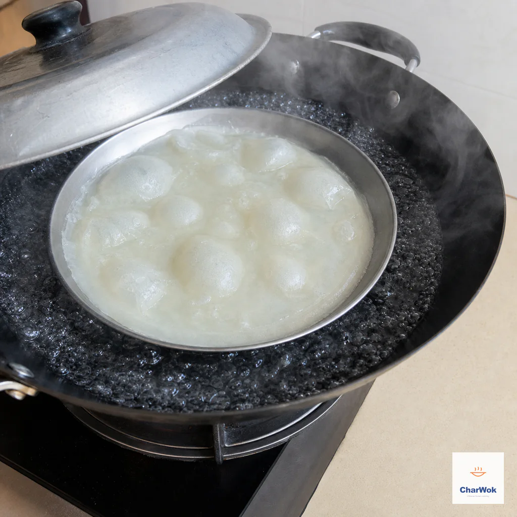 A shallow tray floats on vigorously boiling wok water as large bubbles puff across a translucent fully set Liang Pi sheet