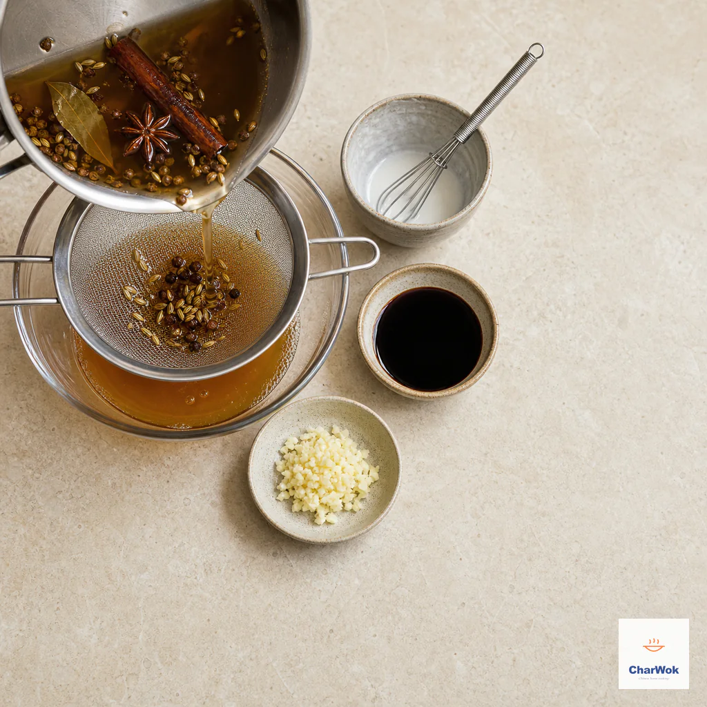 Amber cassia, star-anise, bay, fennel and Sichuan-pepper infusion pours through a strainer beside starch slurry, black vinegar and minced garlic