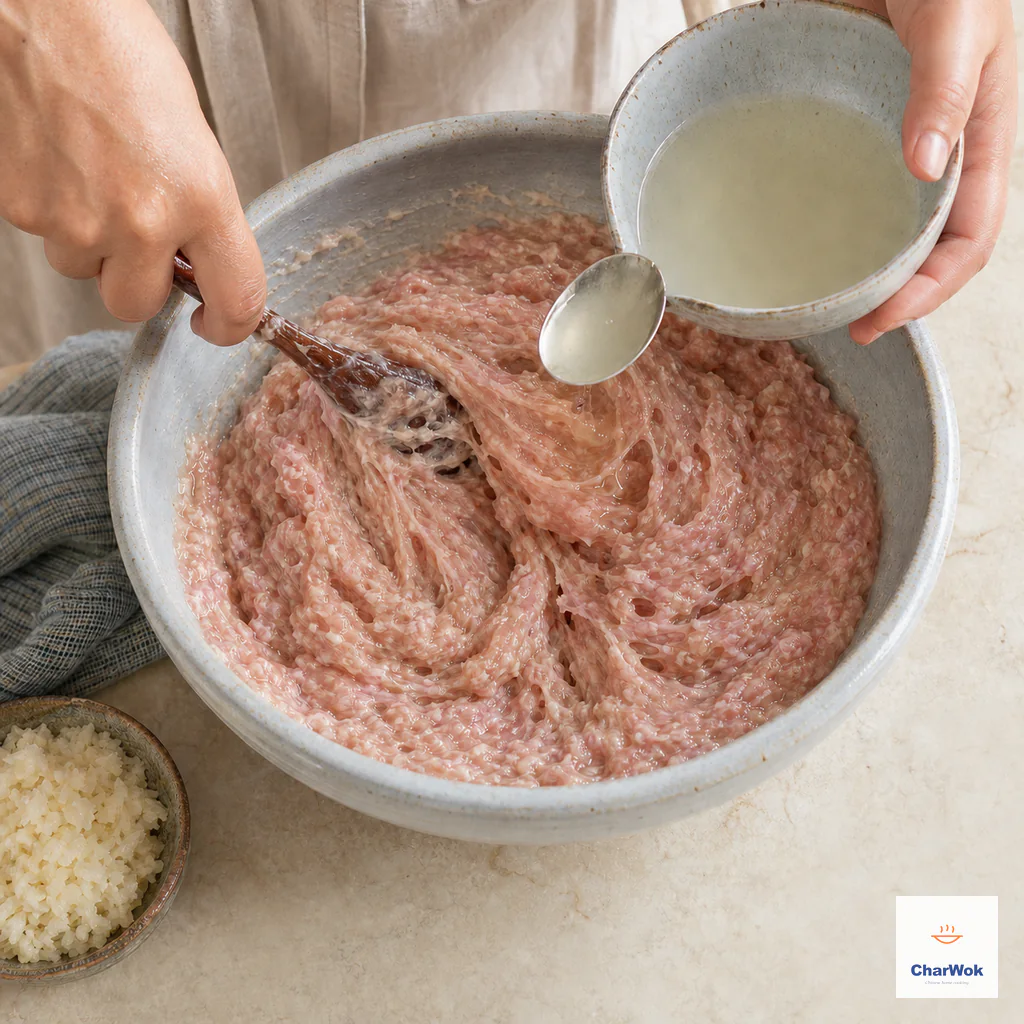 Clear cooled scallion-ginger water is added one spoonful at a time while glossy meat paste pulls into elastic strands