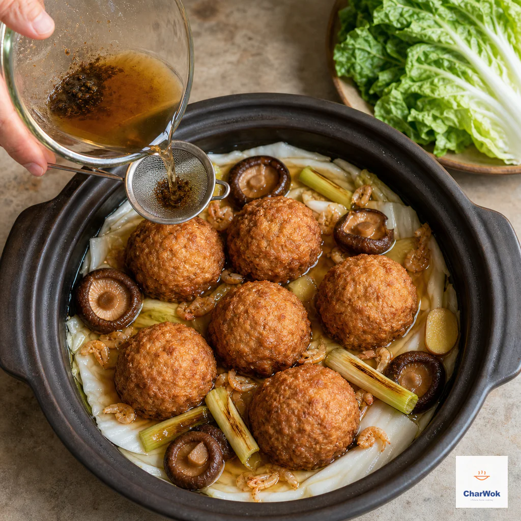 Six fried meatballs sit over a Napa-rib bed with shiitake, dried shrimp, scallion and ginger as soaking liquid is strained in