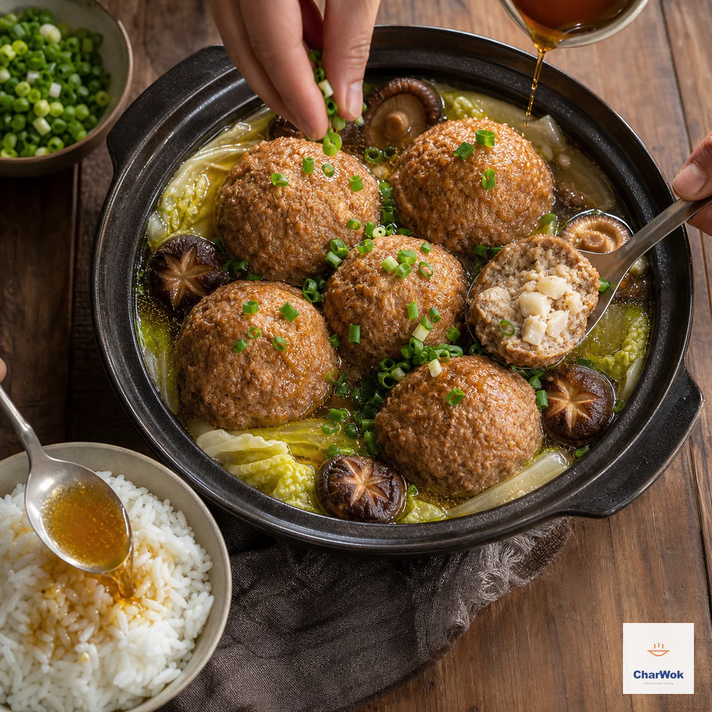 Six finished Lion’s Head meatballs with cabbage and shiitake receive scallion greens beside rice being spooned with broth