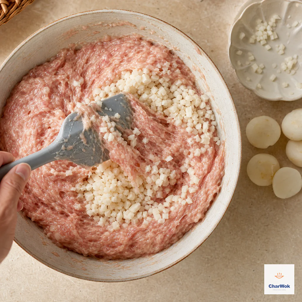 A broad spatula gently folds distinct minced water-chestnut cubes into already sticky glossy meat paste