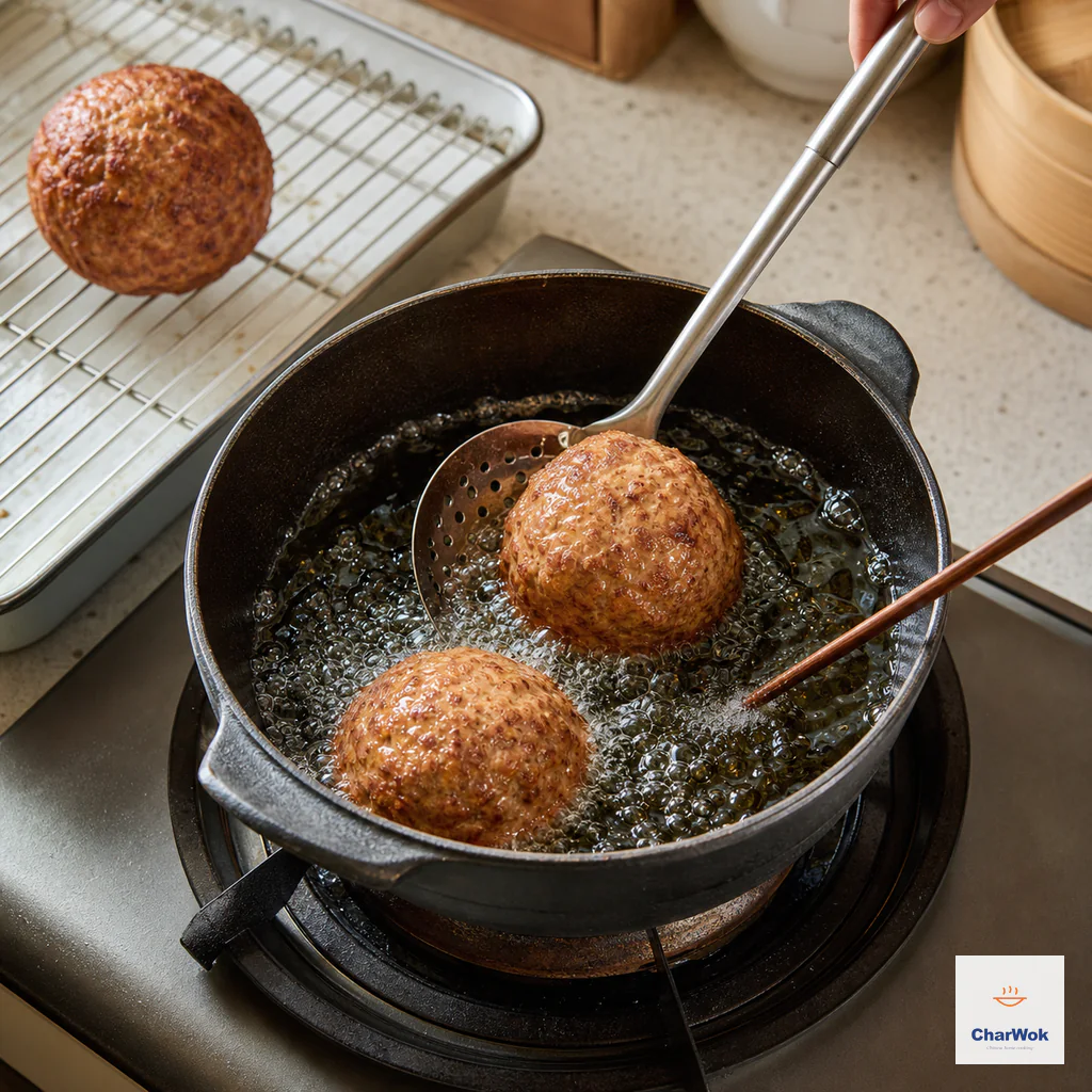 Exactly two large meatballs fry in actively bubbling deep oil while one evenly deep-golden ball drains on a rack