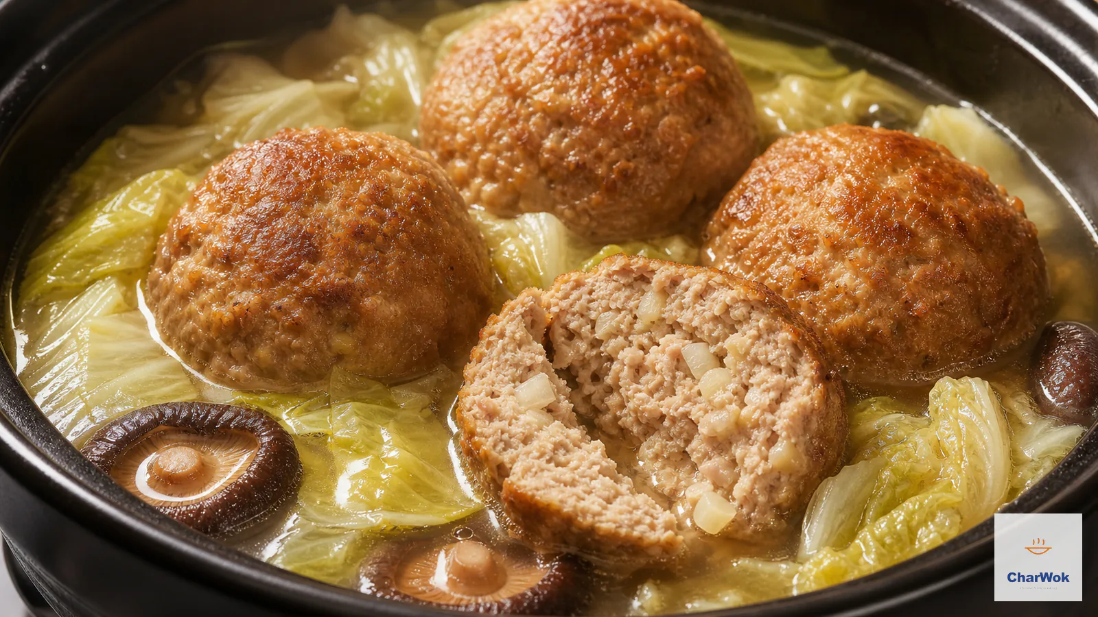 Golden Lion’s Head meatballs with Napa cabbage and shiitake in clear broth