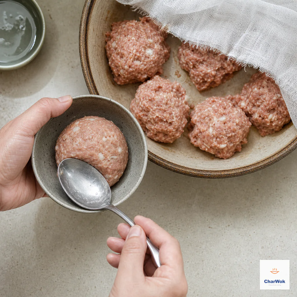 The back of a spoon presses one cold meat portion against a small bowl wall to form a smooth round ball while five portions remain covered