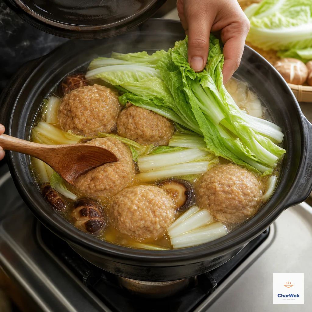 Bright Napa leafy tops are laid over gently trembling braised meatballs as a wooden spoon confirms one yields softly