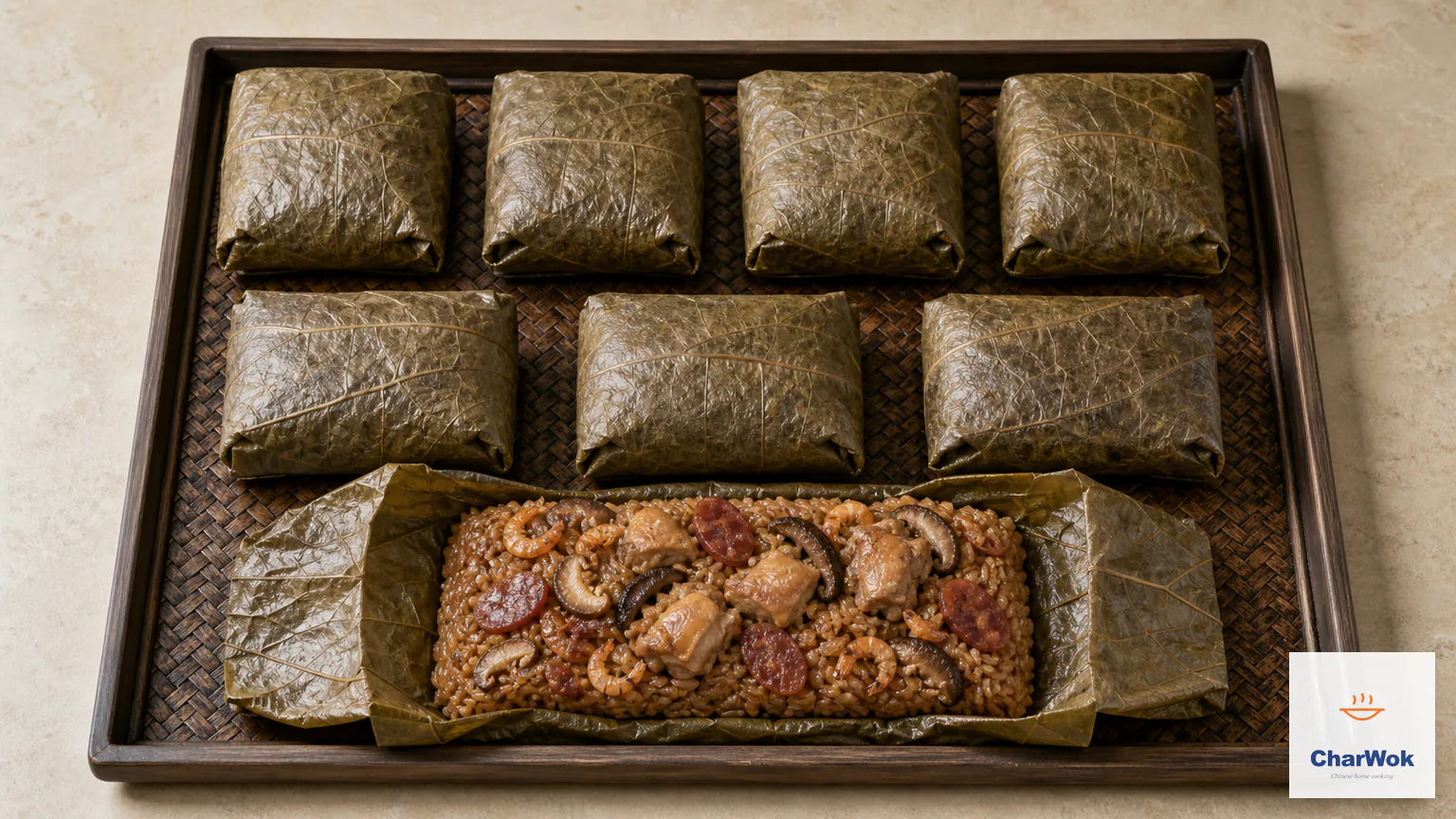 Exactly eight Cantonese lo mai gai portions: seven neat lotus-leaf parcels and one opened parcel revealing glossy seasoned glutinous rice with chicken, lap cheong, shiitake, and dried shrimp