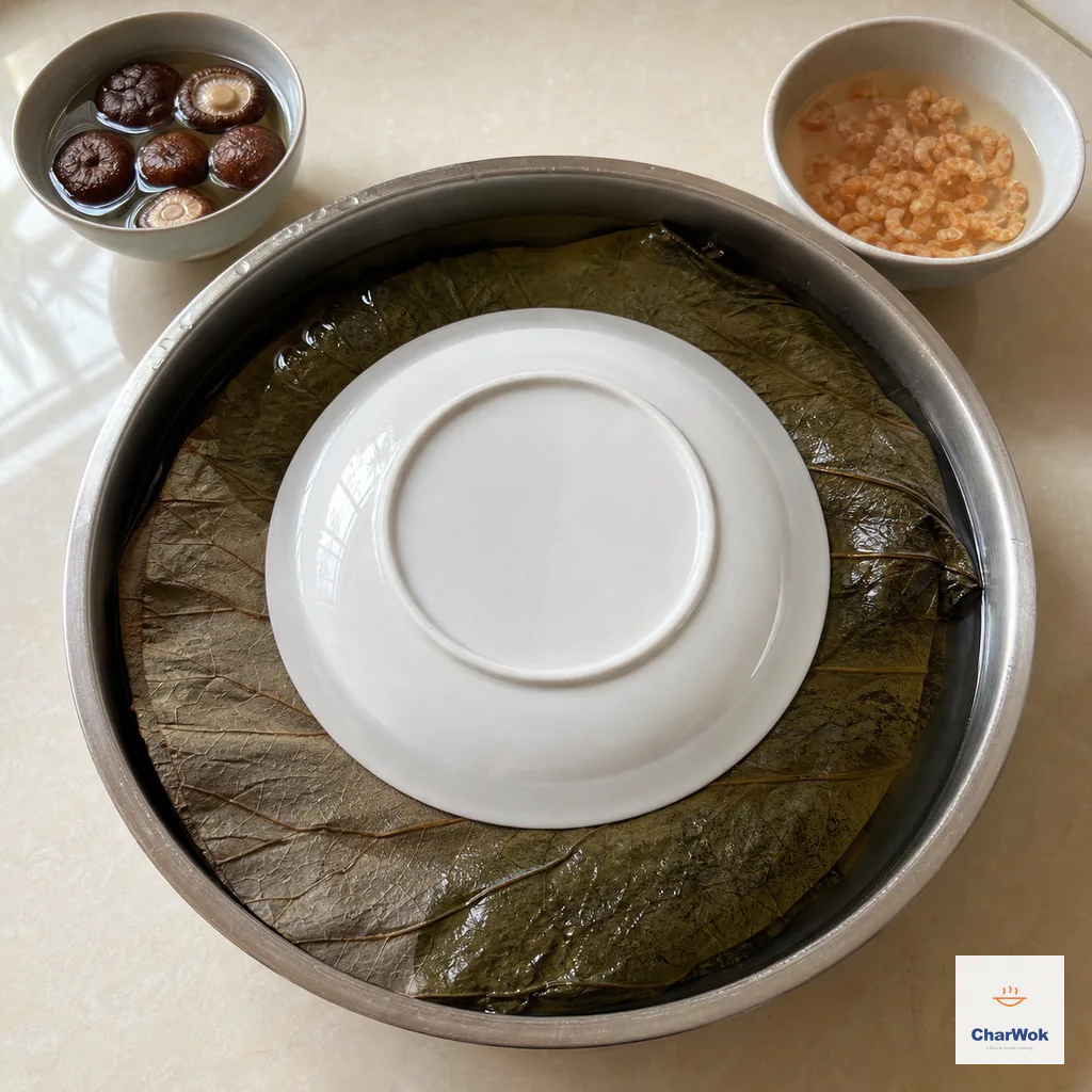 Two dried lotus leaves lie fully submerged beneath a white plate while exactly six shiitake mushrooms and dried shrimp soak in separate bowls nearby