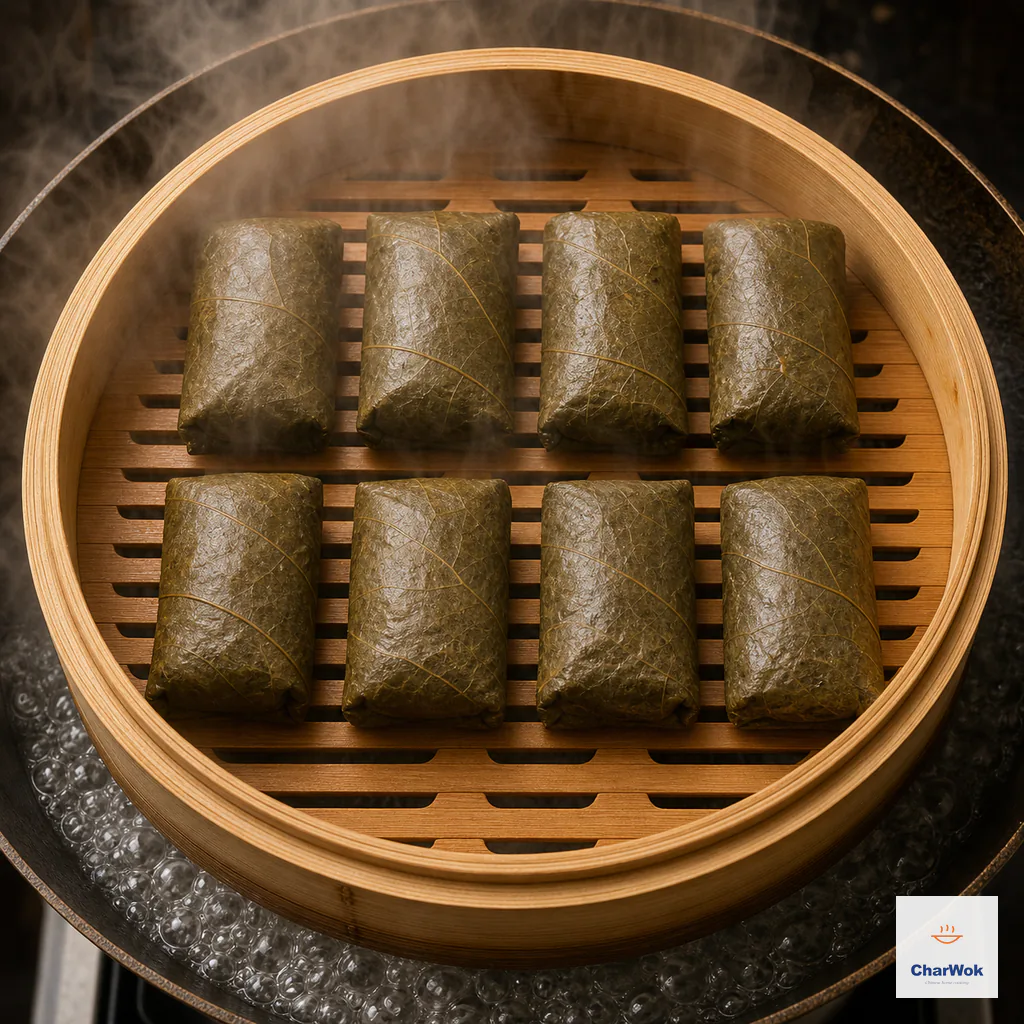 Exactly eight rectangular lotus-leaf parcels sit seam-side down in two rows of four with clear gaps inside a bamboo steamer over fully boiling water
