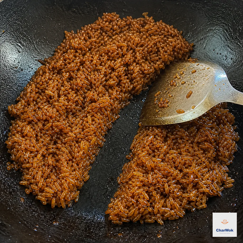 A metal wok spatula pulls a clean channel through glossy dark amber glutinous rice that looks glassy and sticky with no loose liquid flowing into the gap