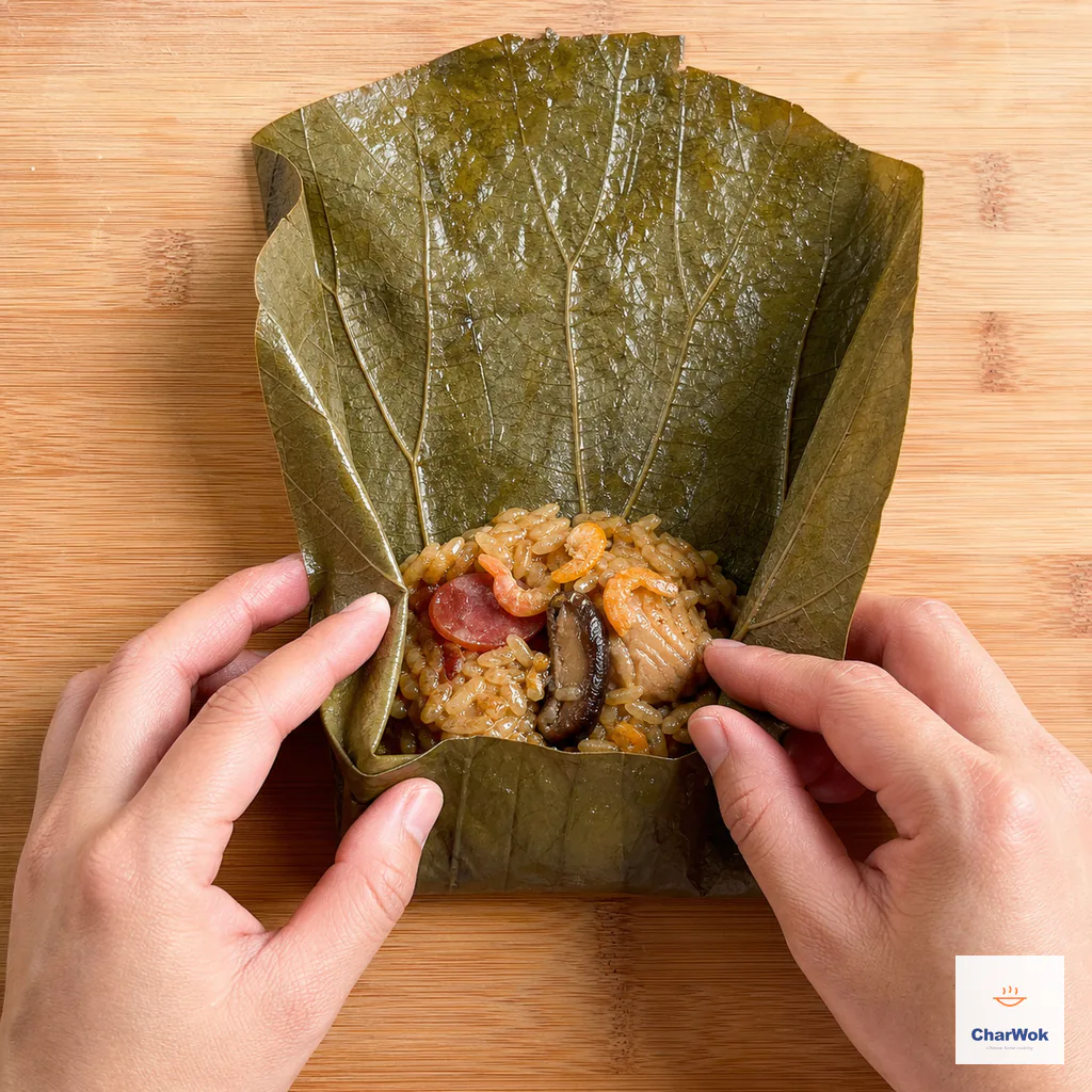 Two hands fold the sides and bottom of one softened lotus-leaf piece around one eighth of the sticky-rice, chicken, sausage, mushroom, and shrimp filling