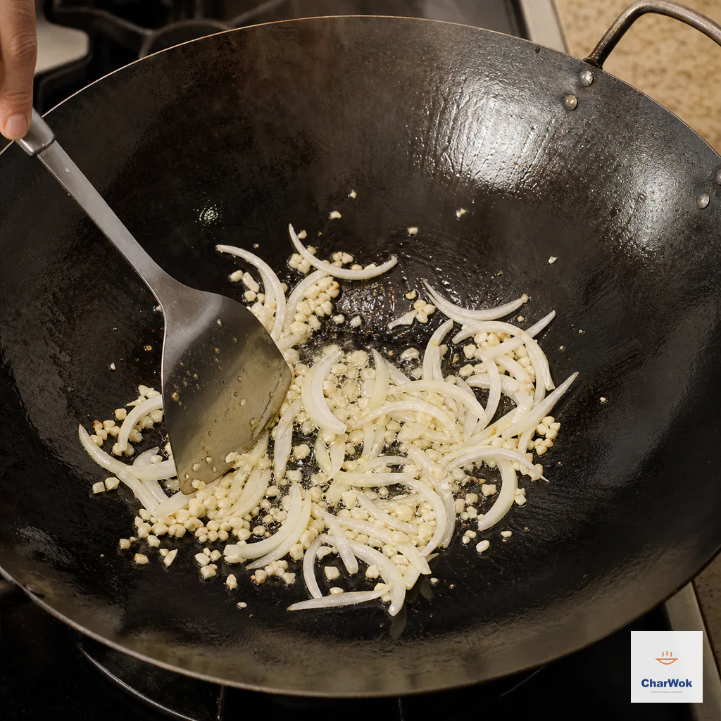 Pale minced garlic and sliced onion are stirred in a thin oil film with translucent onion edges and no browned garlic