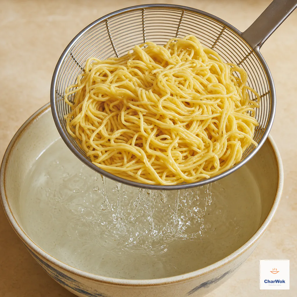 A wire strainer lifts separate yellow egg noodles from just-boiled water as clear droplets drain back into the bowl
