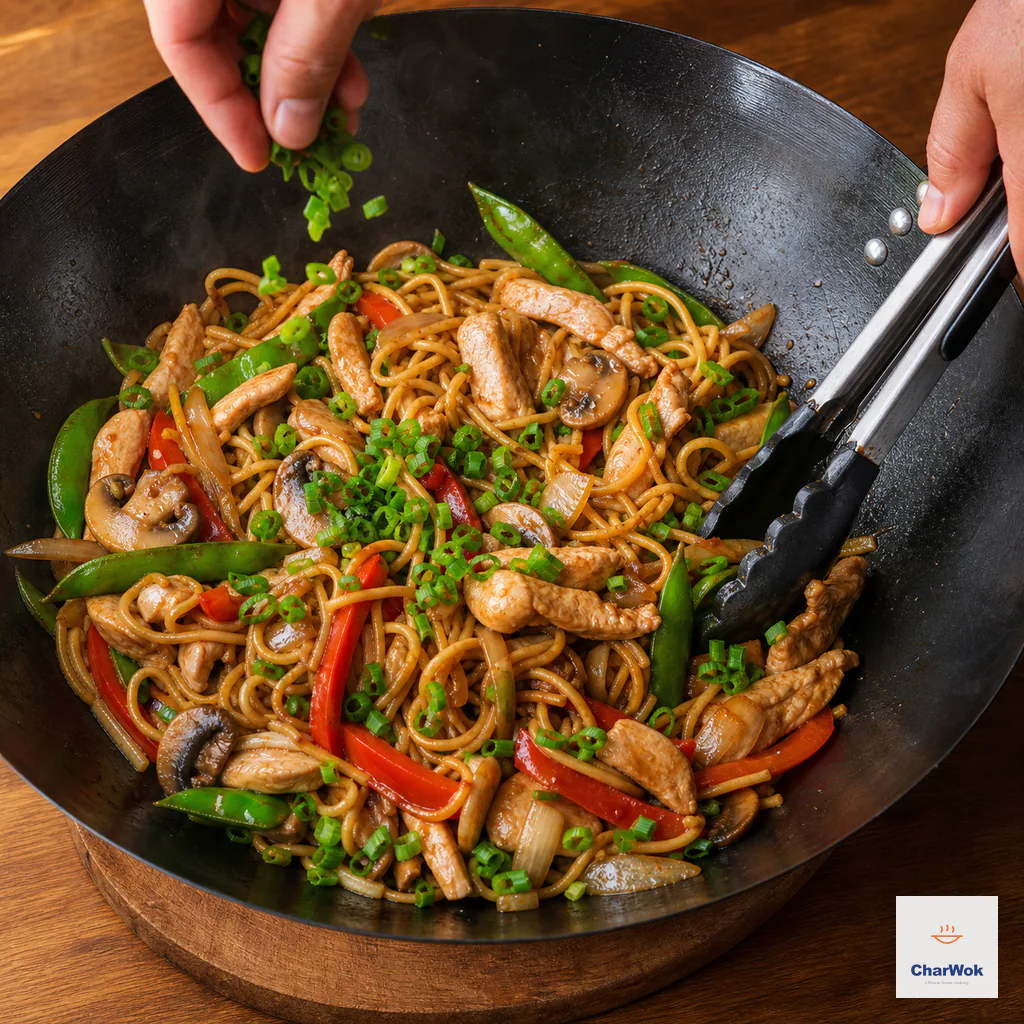 Fresh chopped scallions are folded through glossy chicken lo mein in a wok resting off the burner on a wooden trivet