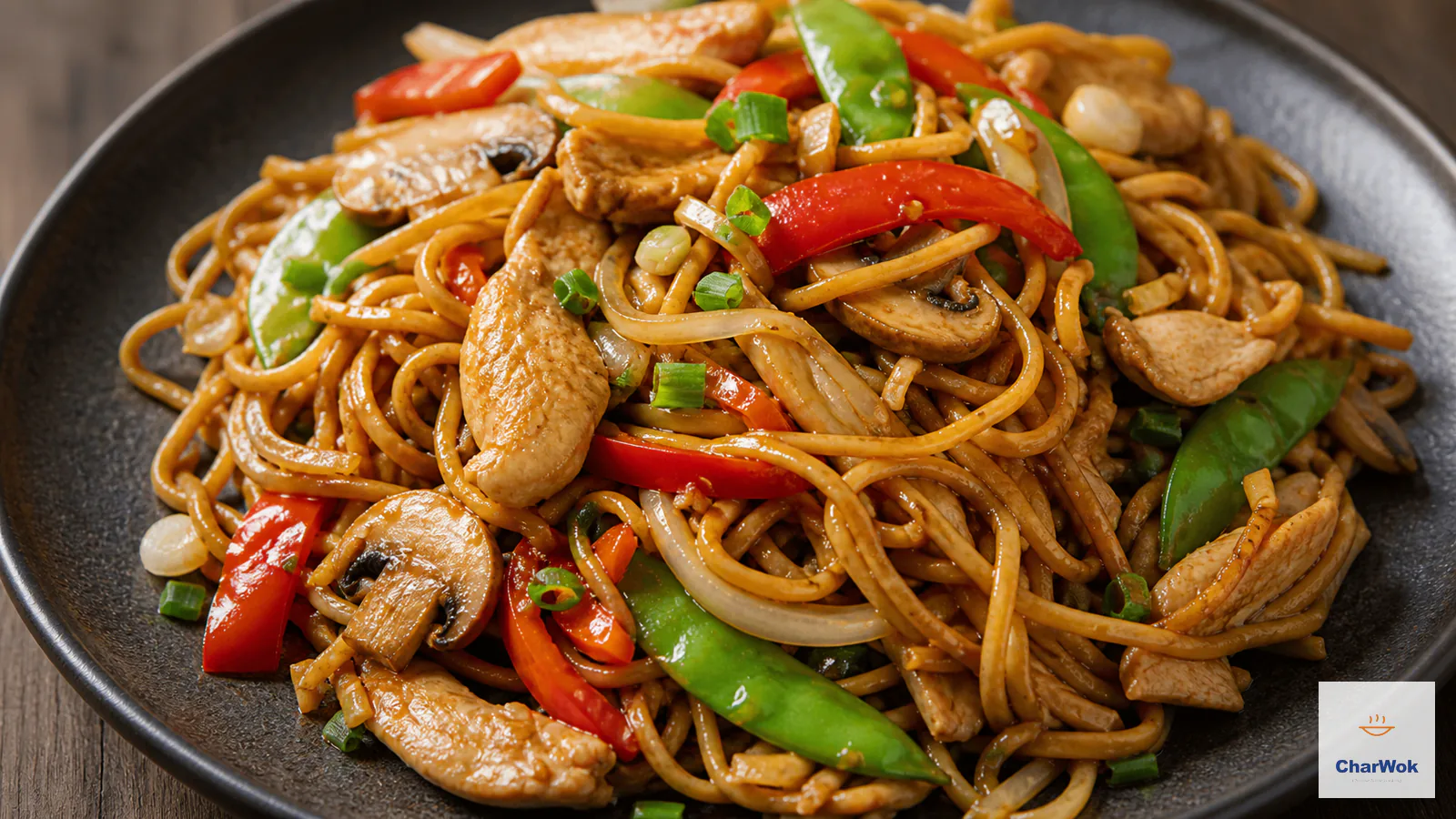 Glossy chicken lo mein with crisp vegetables and scallions