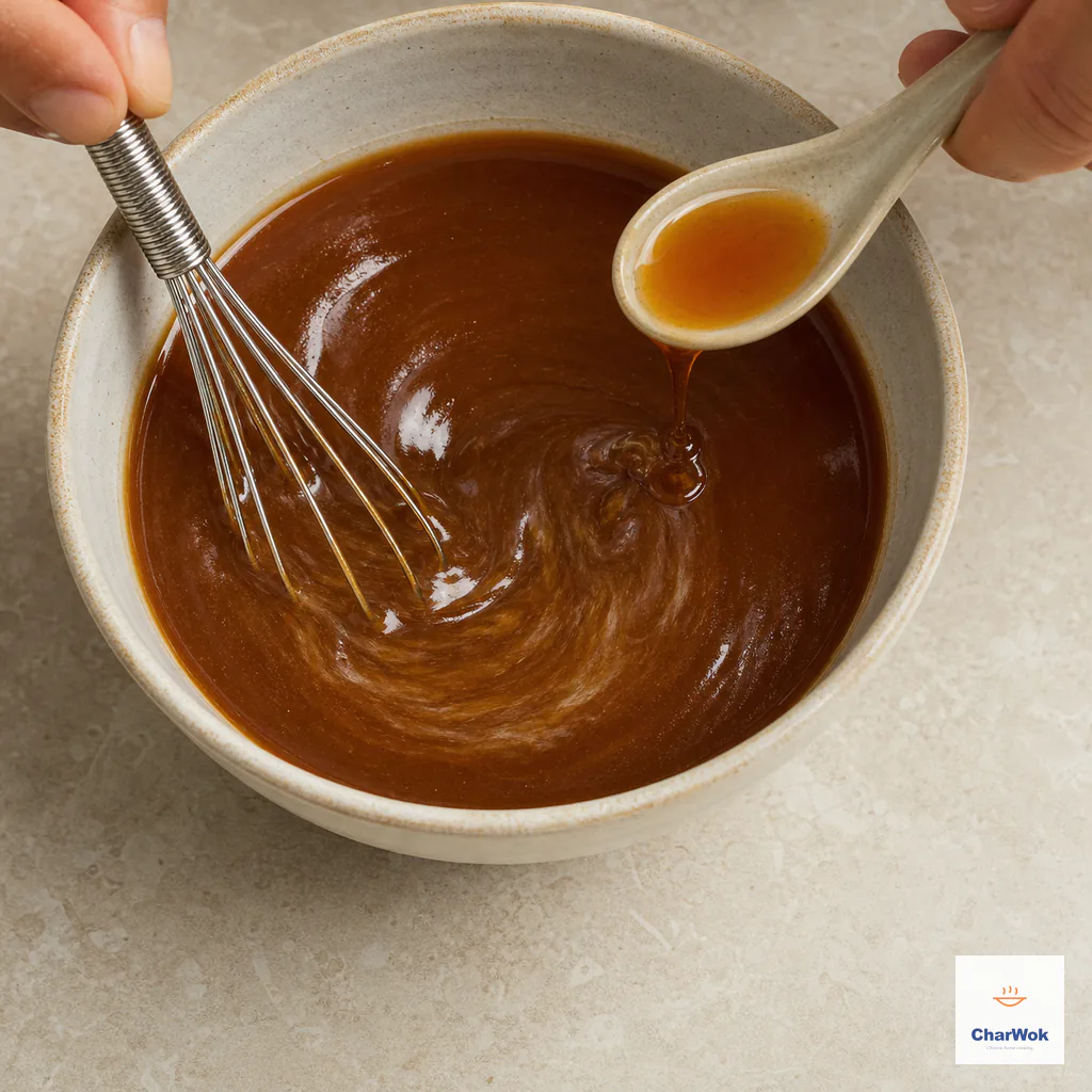 A small whisk smooths the medium-dark lo mein sauce while toasted sesame oil is streamed in last