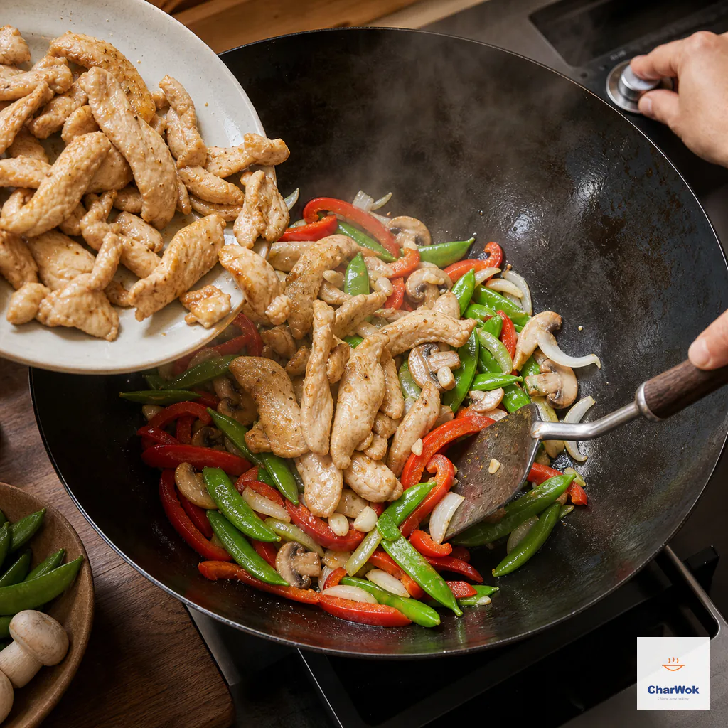 Partially cooked chicken strips slide back into the wok of crisp vegetables while a hand lowers the burner control