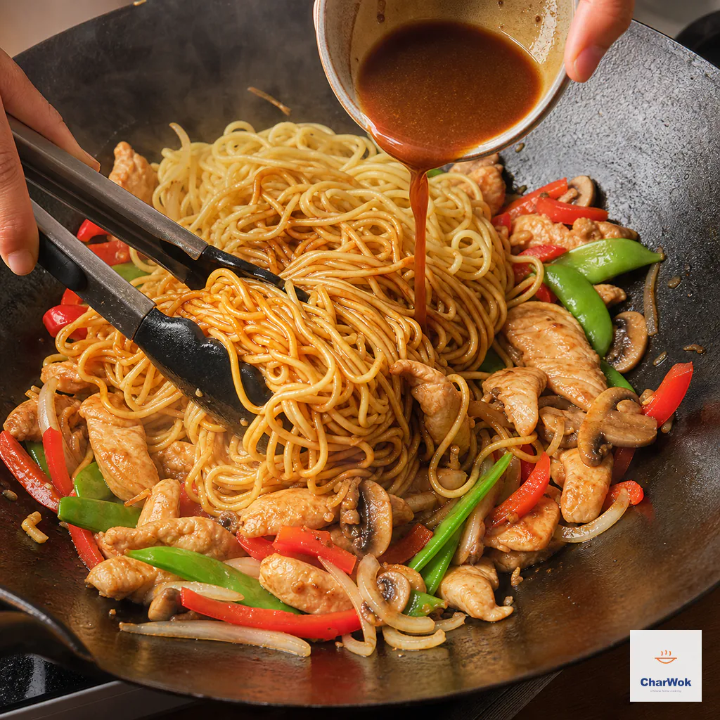 Re-whisked brown sauce streams over noodles as tongs fold them with chicken and vegetables into an even glossy coating