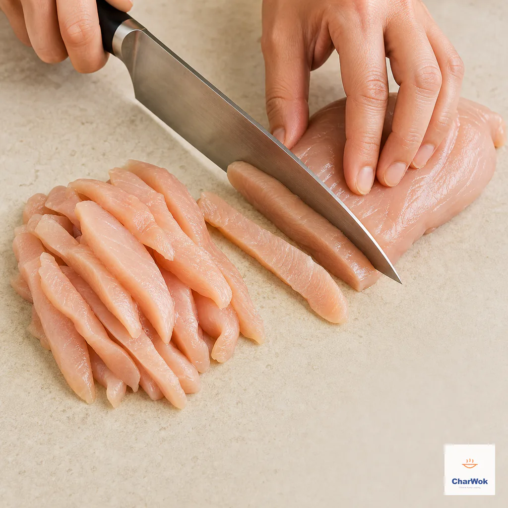 A chicken breast is sliced across the grain into uniform thin strips beside a neat pile of finished strips