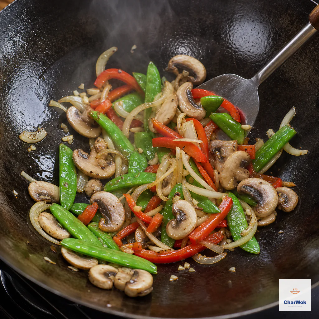 Red bell pepper, sliced mushrooms and bright snap peas are tossed over high heat with light char and no pooled moisture