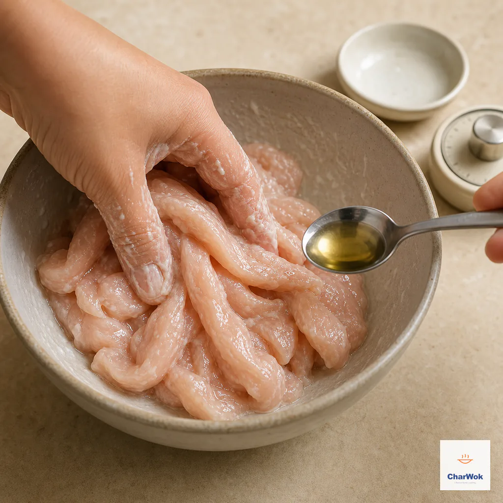 Chicken strips look tacky and glossy after absorbing cornstarch, salt and water as one teaspoon neutral oil is added last