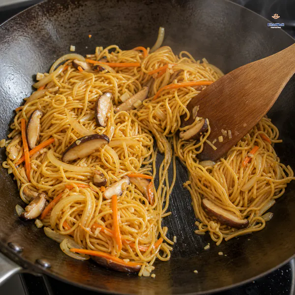 Glossy Yi Mein noodles, shiitake mushrooms, carrot and onion part around a clean streak of exposed wok with no pooled sauce