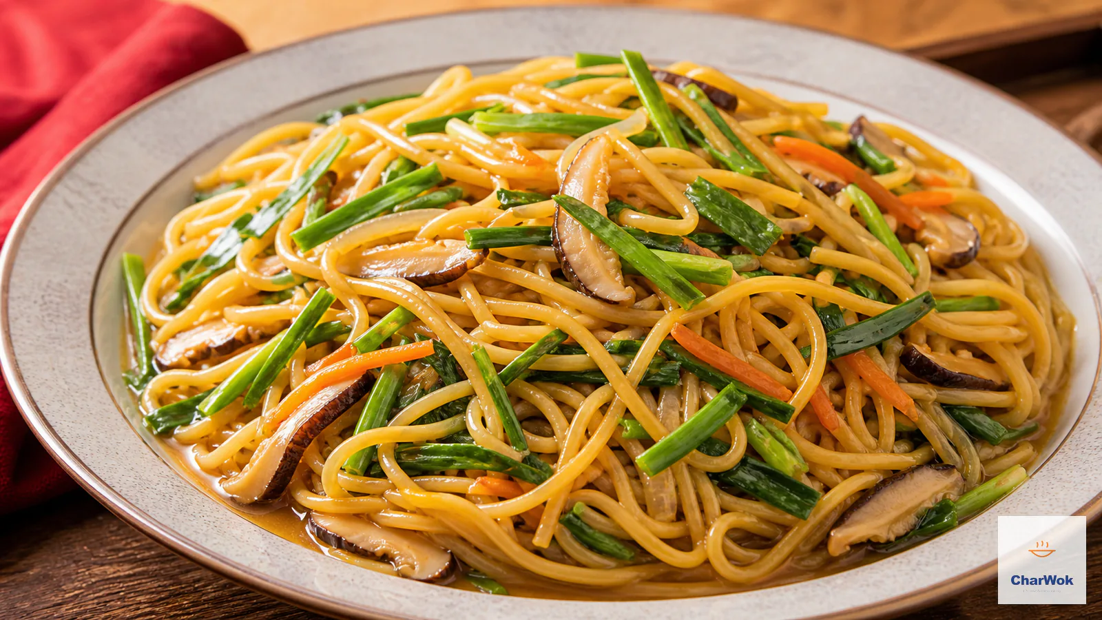 Longevity noodles finished with shiitake mushrooms, carrot, onion and Chinese chives in a light glossy sauce