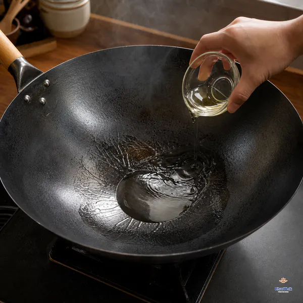 Neutral oil is poured into a smoking-hot seasoned carbon-steel wok