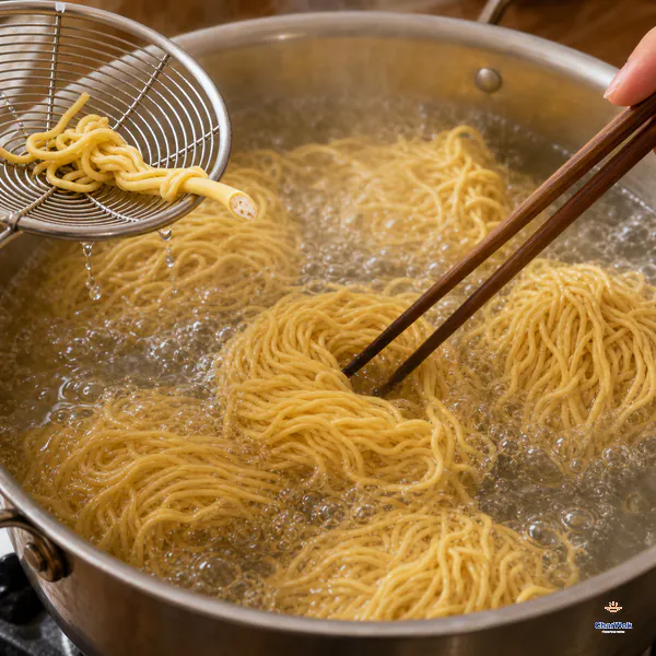 Yi Mein noodle nests loosen in a large pot of rolling water while one strand is lifted early to show its firm porous center