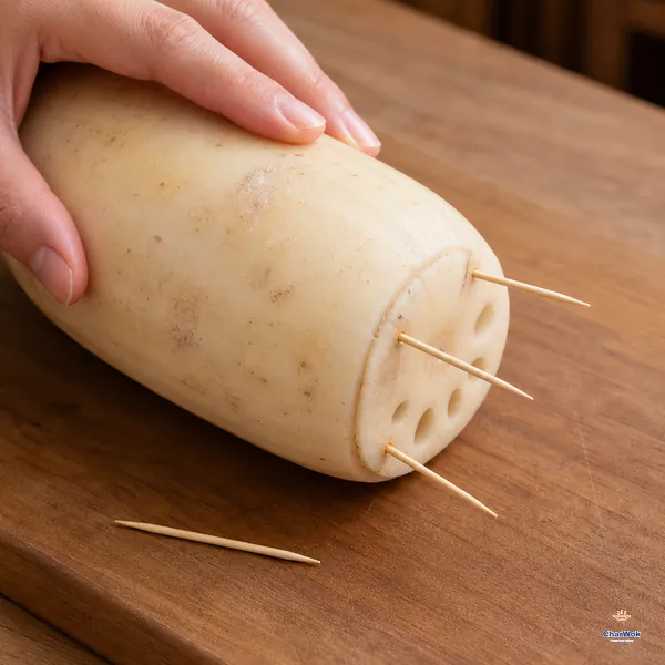 The matching lotus root cap is aligned and fixed to the cut end with three angled wooden toothpicks