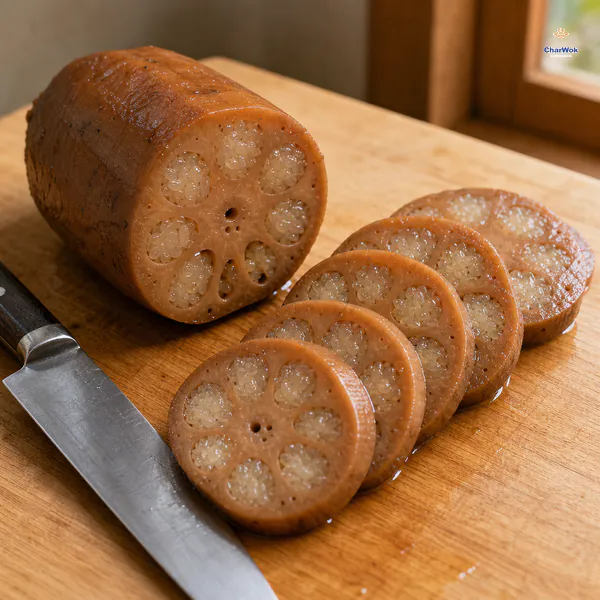 Cooled caramel-brown lotus root is cut crosswise into neat slices with every hole filled by cohesive translucent sticky rice