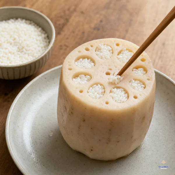 Soaked short-grain glutinous rice is gently guided into the holes of a peeled lotus root with a chopstick, leaving expansion space