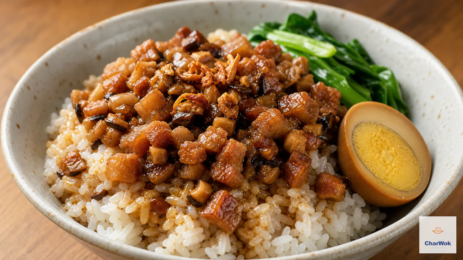 Taiwanese Lu Rou Fan with glossy braised pork belly over white rice, a halved soy egg and blanched greens