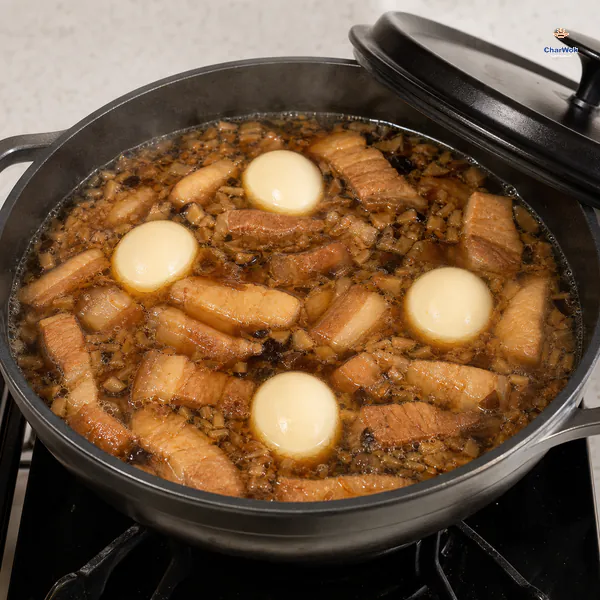 Four peeled eggs and browned pork belly simmer gently with mushroom and fried shallot beneath translucent brown braising liquid