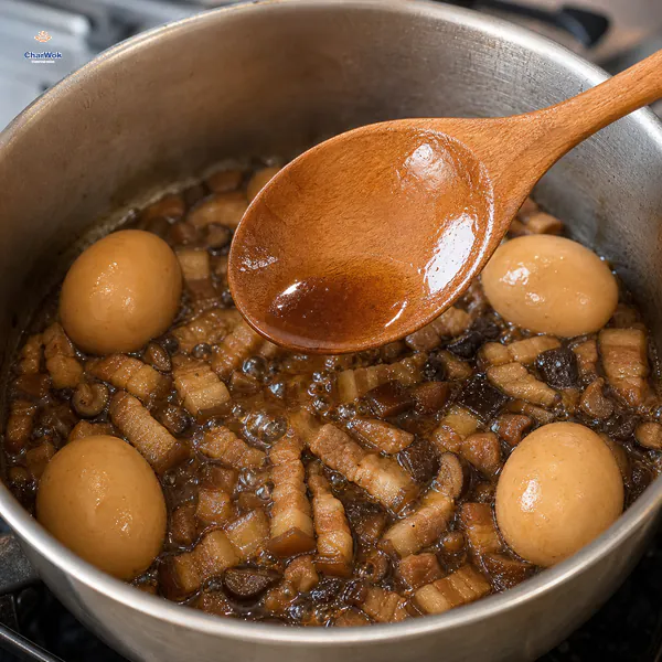 Glossy Lu Rou Fan gravy coats a wooden spoon while tender pork and four braised eggs remain in a moist actively bubbling pot