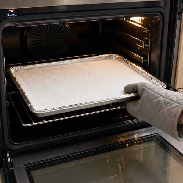A foil-lined tray of pale baking soda sits level on the middle oven rack as an oven-mitted hand begins to remove it