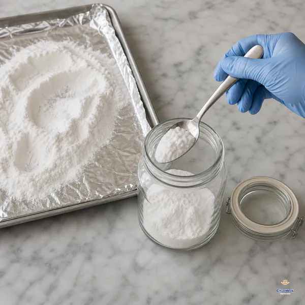 A gloved hand uses a dry spoon to move cooled baked soda from a foil-lined tray into an open airtight glass jar