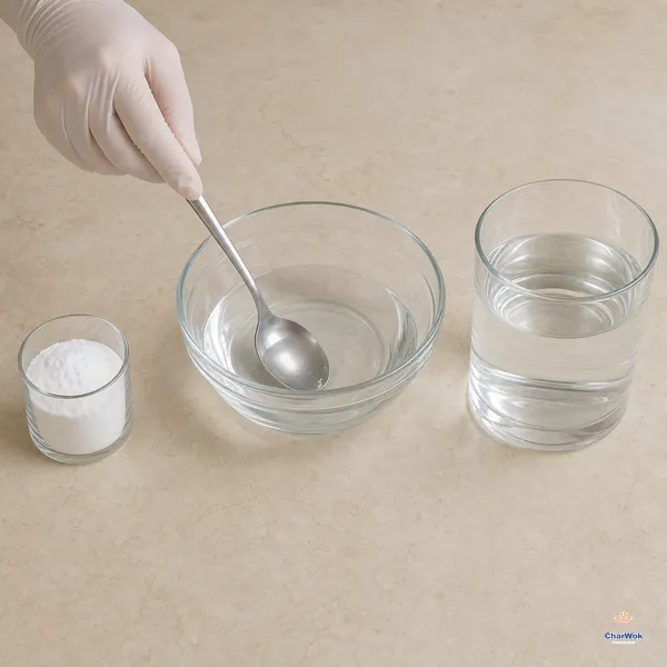 One small glass of baked soda and a larger glass with four times its water volume sit beside a bowl of clear mixed solution