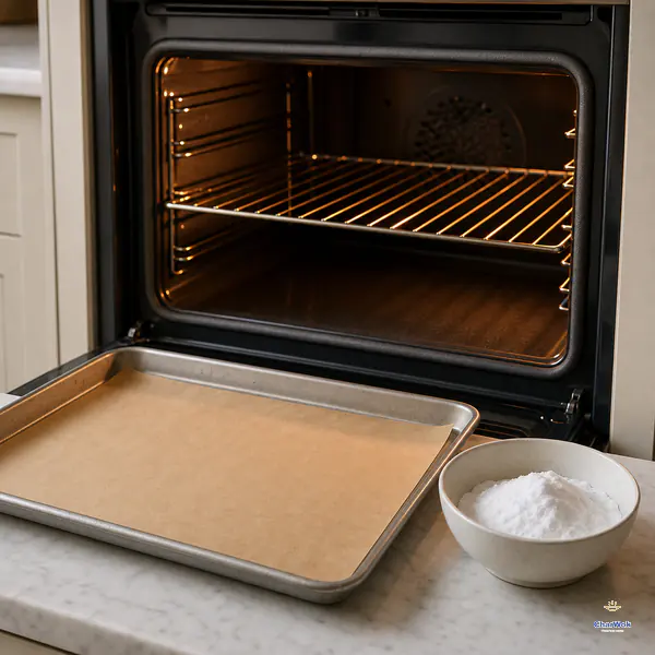 A clean open oven glows gently with an empty middle rack while a parchment-lined tray and bowl of dry white baking soda wait outside