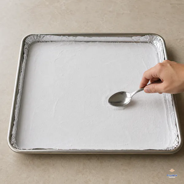 A spoon levels white baking soda into a coin-thin even layer on a foil-lined baking sheet